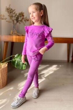 Kız Çocuk Omuzlarında Fırfır Detayı Angel Yazı İşlemeli Kadife Mor Taytlı Takım
