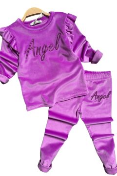 Kız Çocuk Omuzlarında Fırfır Detayı Angel Yazı İşlemeli Kadife Mor Taytlı Takım