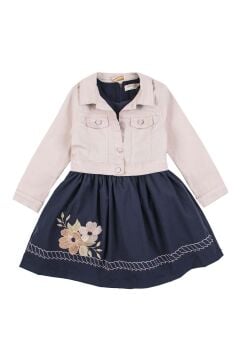 Kız Çocuk Üzerinde Jeans Ceket ve Çiçek Dikiş İşlemeli Lacivert Elbise