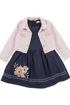 Kız Çocuk Üzerinde Jeans Ceket ve Çiçek Dikiş İşlemeli Lacivert Elbise