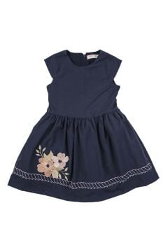 Kız Çocuk Üzerinde Jeans Ceket ve Çiçek Dikiş İşlemeli Lacivert Elbise