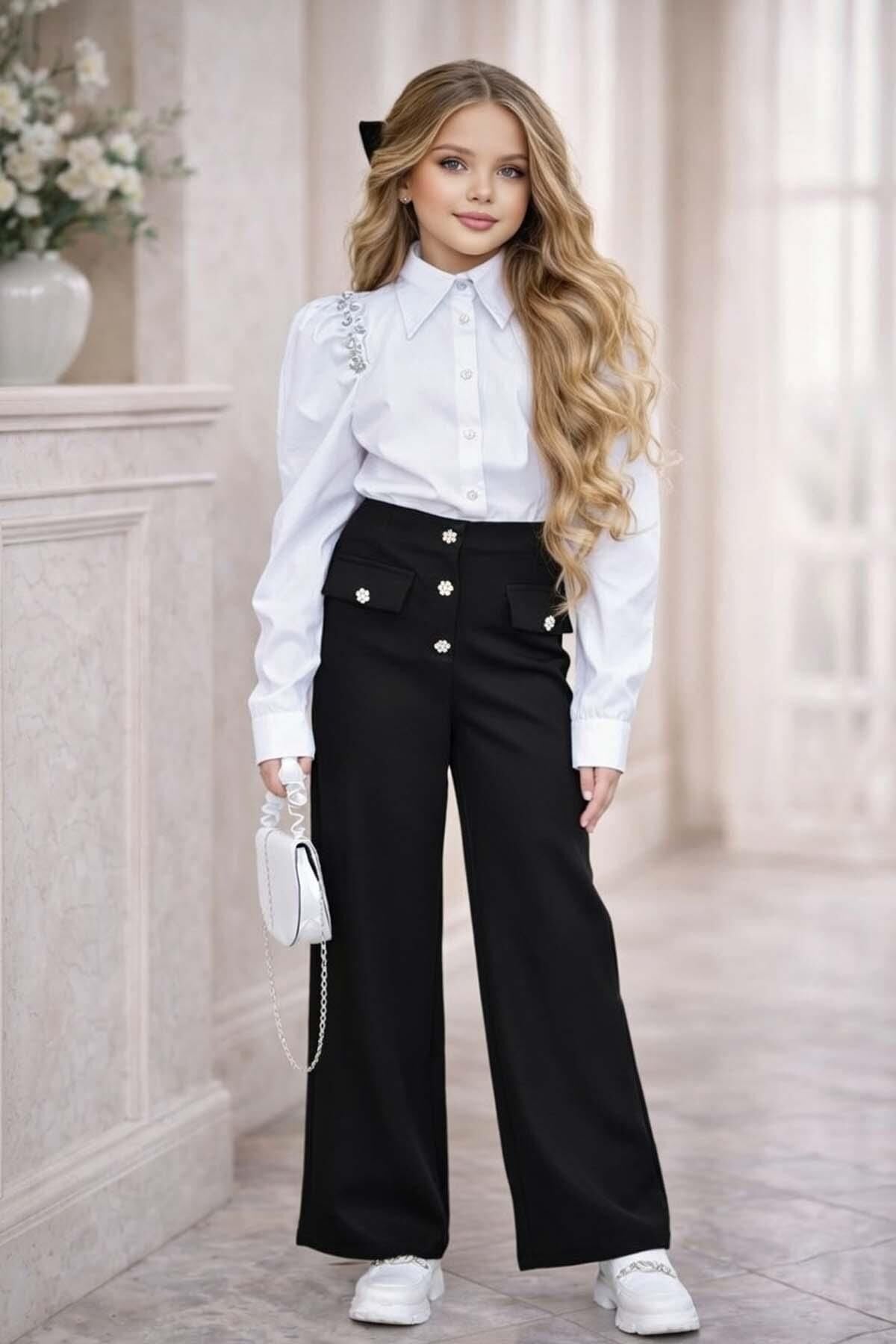 Kız Çocuk Omuzlar Taş İşleme Karpuz Kol Gömlek Düğme ve Cep Detaylı Pantolon Siyah Alt Üst Takım