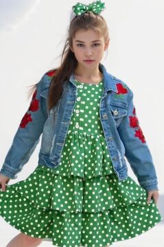 Kız Çocuk Çiçek Baskılı Kot Ceket Puantiyeli Kat Kat Piliseli Yeşil Elbise