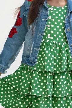 Kız Çocuk Çiçek Baskılı Kot Ceket Puantiyeli Kat Kat Piliseli Yeşil Elbise