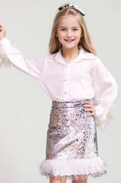 Kız Çocuk Kol Uçları ve Etek Uçu Kırçıllı Pulpaytet Detaylı Gümüş Etekli Takım