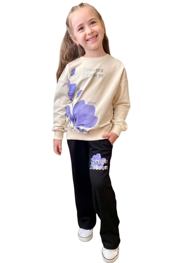 Kız Çocuk Lale Baskılı Kazak Yazı Detaylı Alt Eşofman Mor Eşofman Takım