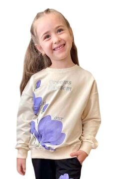 Kız Çocuk Lale Baskılı Kazak Yazı Detaylı Alt Eşofman Mor Eşofman Takım