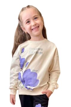 Kız Çocuk Lale Baskılı Kazak Yazı Detaylı Alt Eşofman Mor Eşofman Takım