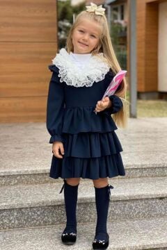 Kız Çocuk Tak Çıkar Dantelli Yaka Eteği KatKat Fırfırlı Pliseli Lacivert Elbise