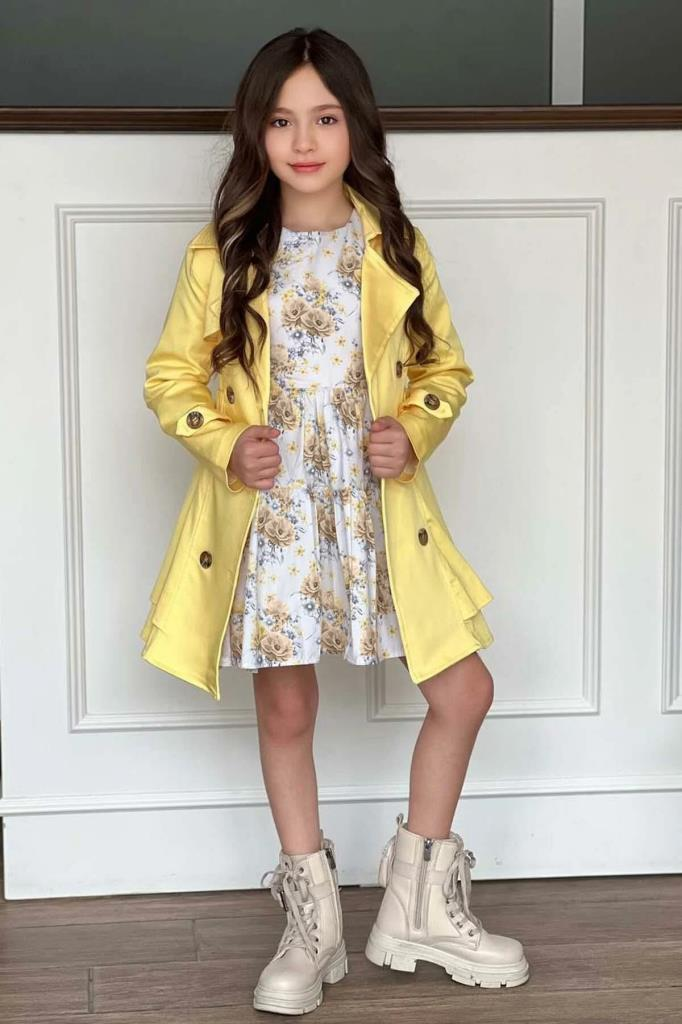 Kız Çocuk Çiçek Desenli Piliseli Limon Sarısı Trençkotlu Elbise