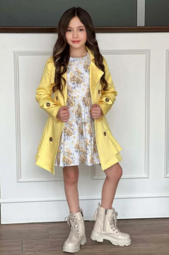 Kız Çocuk Çiçek Desenli Piliseli Limon Sarısı Trençkotlu Elbise