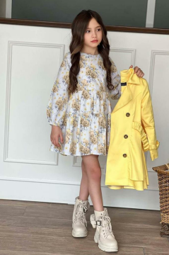 Kız Çocuk Çiçek Desenli Piliseli Limon Sarısı Trençkotlu Elbise