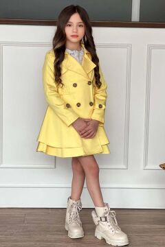 Kız Çocuk Çiçek Desenli Piliseli Limon Sarısı Trençkotlu Elbise