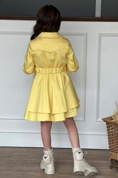 Kız Çocuk Çiçek Desenli Piliseli Limon Sarısı Trençkotlu Elbise