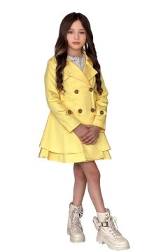 Kız Çocuk Çiçek Desenli Piliseli Limon Sarısı Trençkotlu Elbise