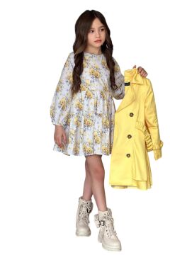 Kız Çocuk Çiçek Desenli Piliseli Limon Sarısı Trençkotlu Elbise