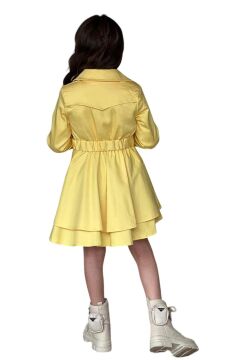 Kız Çocuk Çiçek Desenli Piliseli Limon Sarısı Trençkotlu Elbise