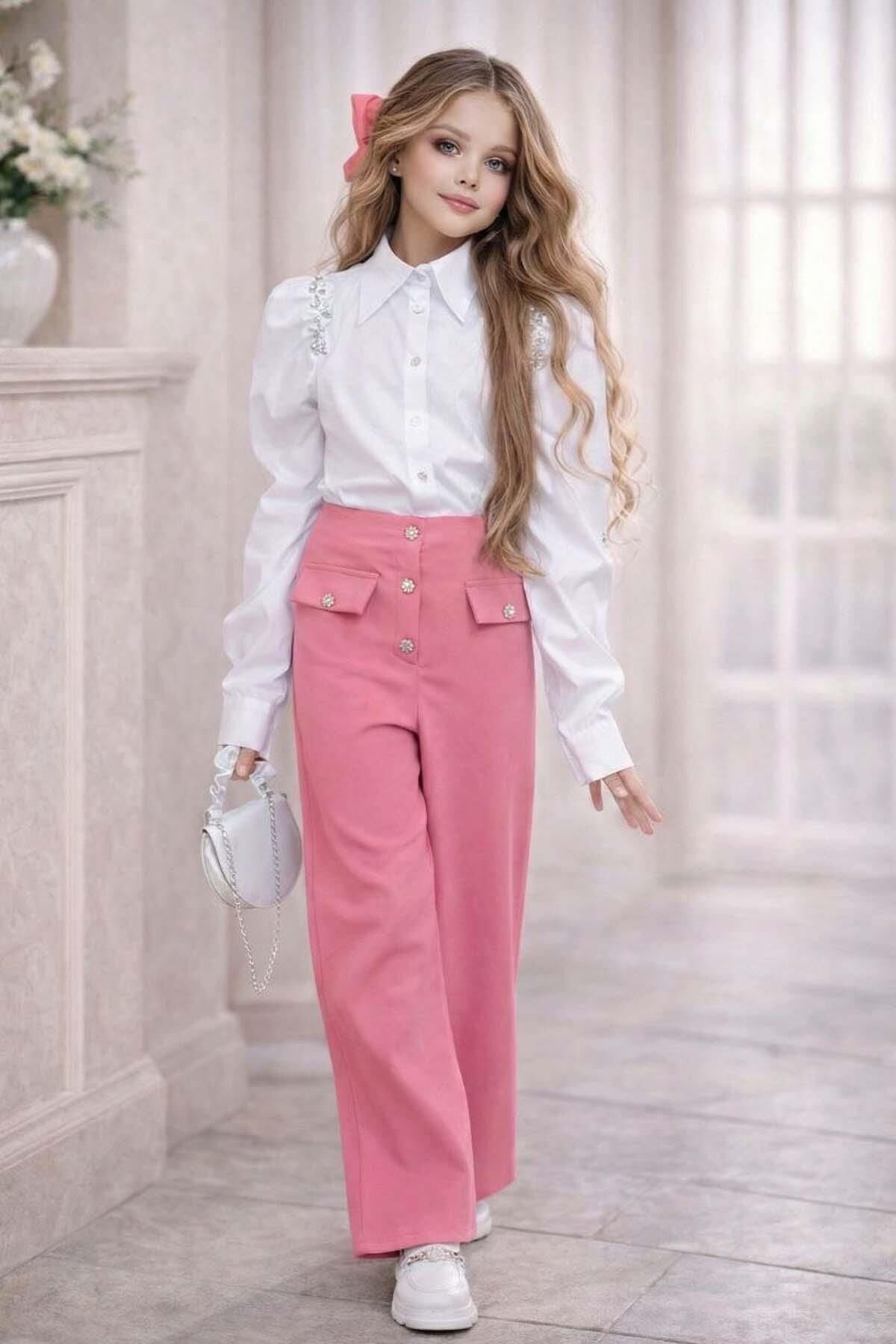 Kız Çocuk Omuzlar Taş İşleme Karpuz Kol Gömlek Düğme ve Cep Detaylı Pantolon Pembe Alt Üst Takım