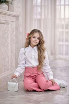 Kız Çocuk Omuzlar Taş İşleme Karpuz Kol Gömlek Düğme ve Cep Detaylı Pantolon Pembe Alt Üst Takım