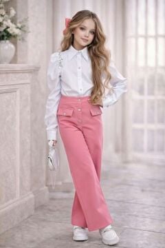 Kız Çocuk Omuzlar Taş İşleme Karpuz Kol Gömlek Düğme ve Cep Detaylı Pantolon Pembe Alt Üst Takım