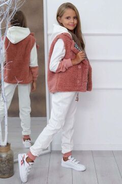 Kız Çocuk Cool Baskılı Kapüşonlu Sweatshirt ve Peluş Yelekli Turuncu Eşofman Takım