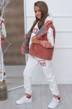 Kız Çocuk Cool Baskılı Kapüşonlu Sweatshirt ve Peluş Yelekli Turuncu Eşofman Takım