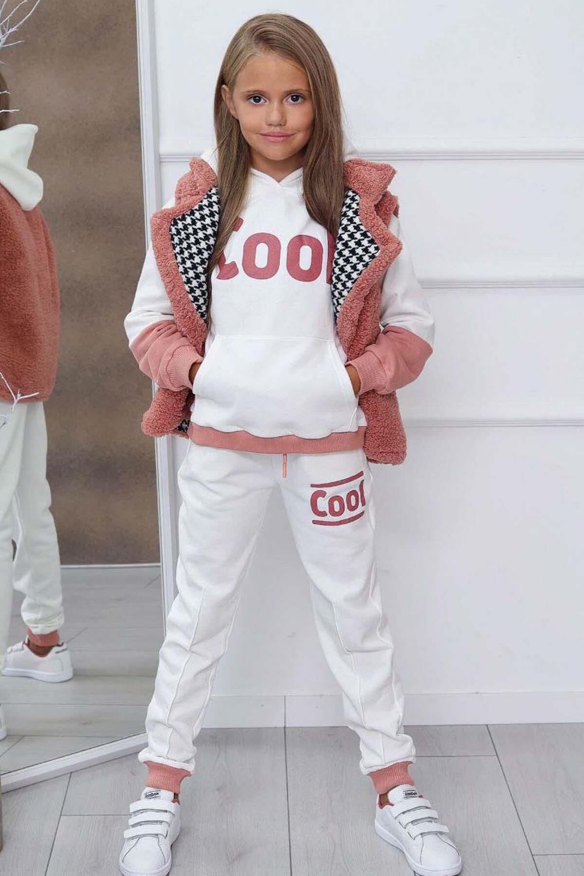 Kız Çocuk Cool Baskılı Kapüşonlu Sweatshirt ve Peluş Yelekli Turuncu Eşofman Takım