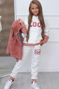 Kız Çocuk Cool Baskılı Kapüşonlu Sweatshirt ve Peluş Yelekli Turuncu Eşofman Takım