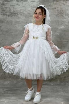 Kız Çocuk Güpür Detaylı Yakası Fırfırlı Puantiyeli Eteği Kabarık Tüllü Beyaz Abiye