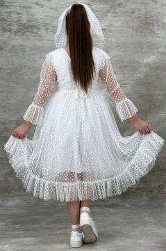 Kız Çocuk Güpür Detaylı Yakası Fırfırlı Puantiyeli Eteği Kabarık Tüllü Beyaz Abiye