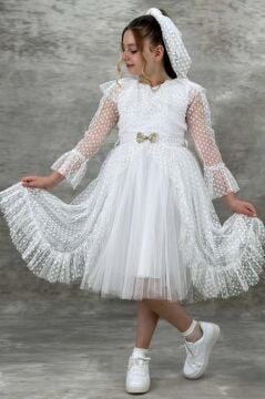 Kız Çocuk Güpür Detaylı Yakası Fırfırlı Puantiyeli Eteği Kabarık Tüllü Beyaz Abiye