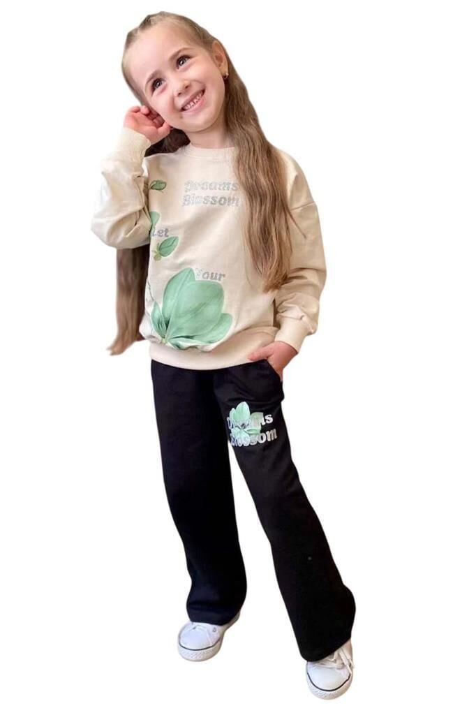 Kız Çocuk Lale Baskılı Kazak Yazı Detaylı Alt Eşofman Yeşil Eşofman Takım