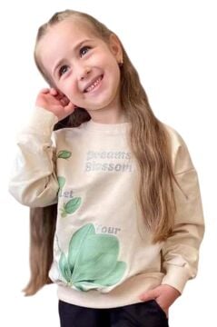 Kız Çocuk Lale Baskılı Kazak Yazı Detaylı Alt Eşofman Yeşil Eşofman Takım