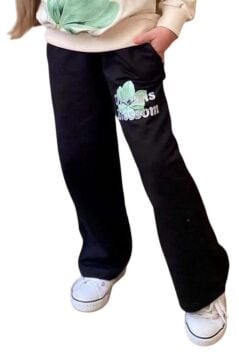 Kız Çocuk Lale Baskılı Kazak Yazı Detaylı Alt Eşofman Yeşil Eşofman Takım