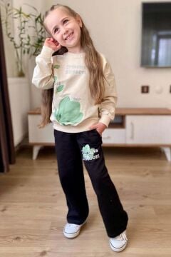 Kız Çocuk Lale Baskılı Kazak Yazı Detaylı Alt Eşofman Yeşil Eşofman Takım