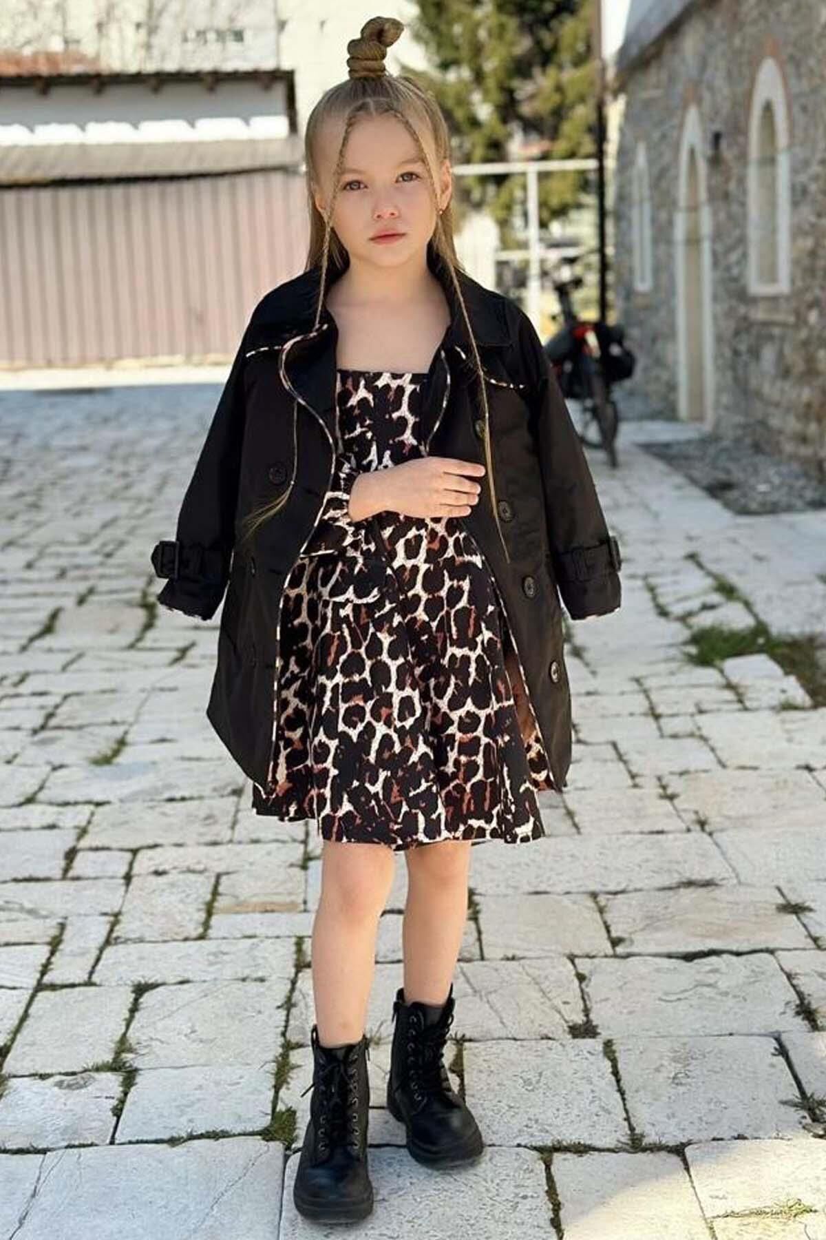 Kız Çocuk Karpuz Kollu Kare Yaka Leoparlı Elbise Siyah Trençkotlu Kemerli Elbise