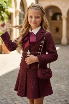 Kız Çocuk Yakası Fular Detaylı Gömlek, Çizik ve İnci Taş Düğmeli Şanel Bordo Etekli Takım