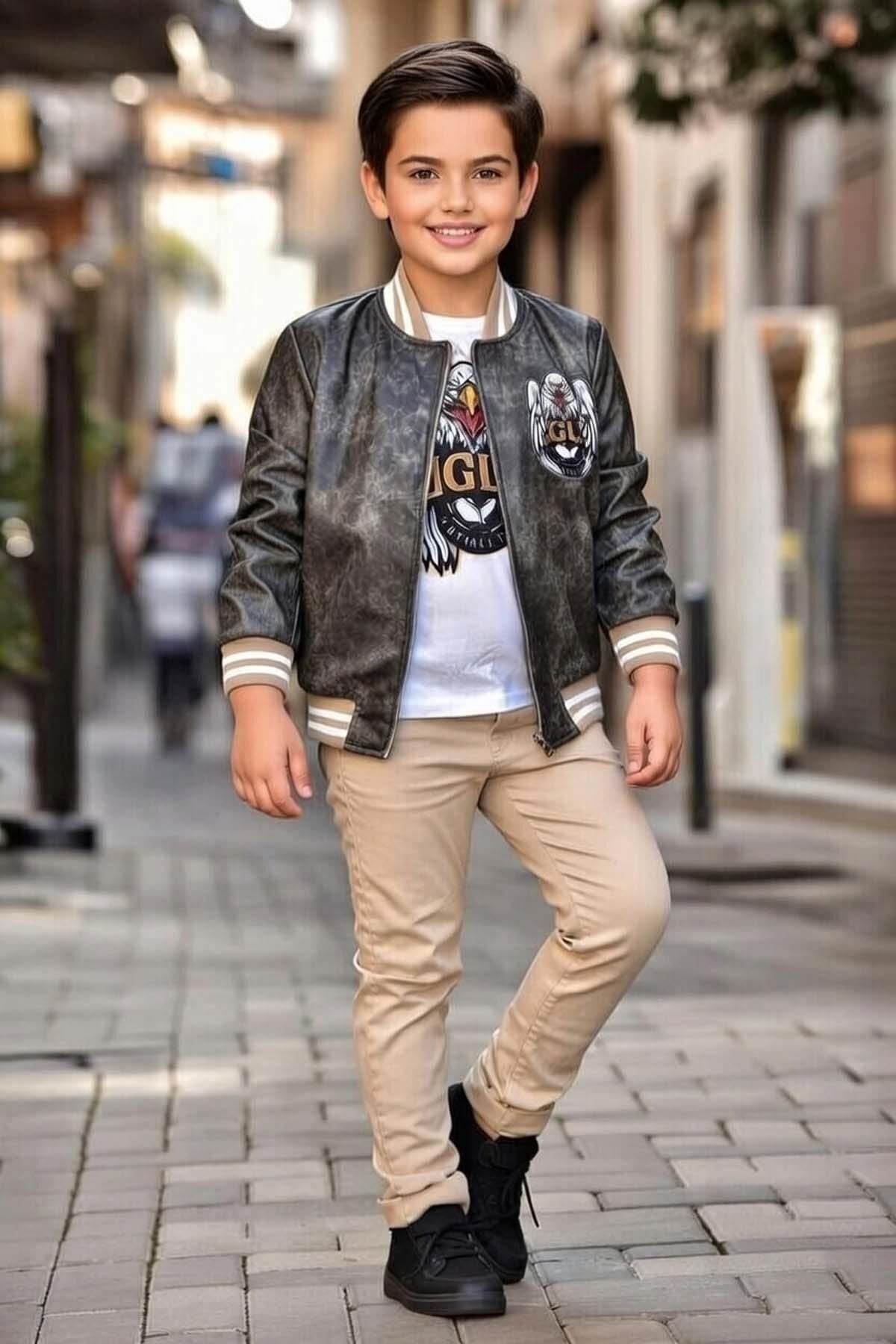 Erkek Çocuk Bisiklet Yaka Eagles Baskılı T-shirt Sırt Baskılı Deri Ceket Alt Üst Takım