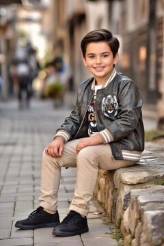 Erkek Çocuk Bisiklet Yaka Eagles Baskılı T-shirt Sırt Baskılı Deri Ceket Alt Üst Takım