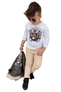 Erkek Çocuk Bisiklet Yaka Eagles Baskılı T-shirt Sırt Baskılı Deri Ceket Alt Üst Takım