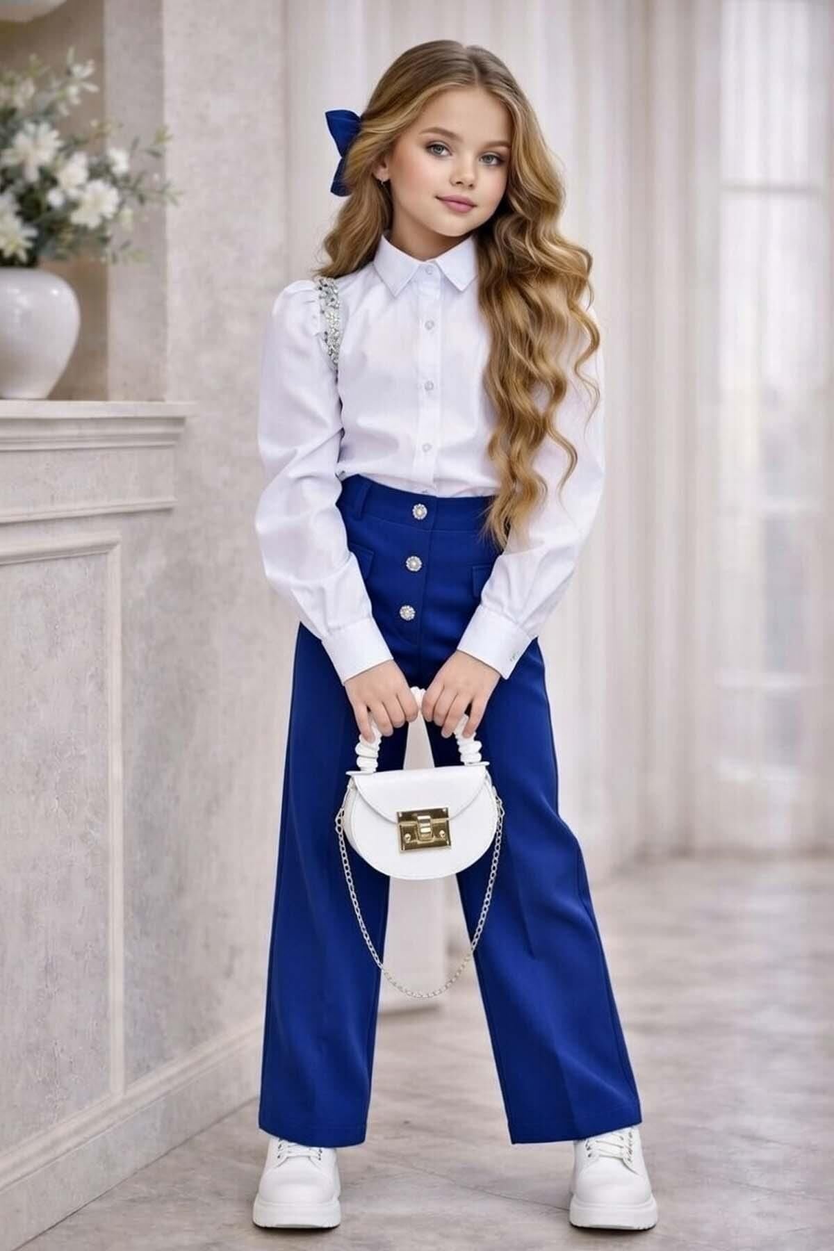 Kız Çocuk Omuzlar Taş İşleme Karpuz Kol Gömlek Düğme ve Cep Detaylı Pantolon Lacivert Alt Üst Takım