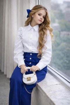 Kız Çocuk Omuzlar Taş İşleme Karpuz Kol Gömlek Düğme ve Cep Detaylı Pantolon Lacivert Alt Üst Takım