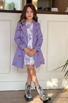 Kız Çocuk Çiçek Desenli Piliseli Lila Trençkotlu Elbise