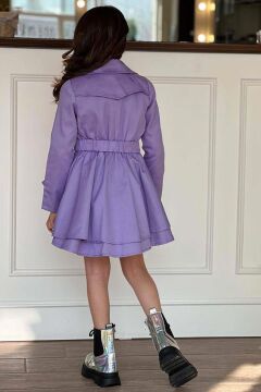 Kız Çocuk Çiçek Desenli Piliseli Lila Trençkotlu Elbise