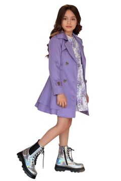 Kız Çocuk Çiçek Desenli Piliseli Lila Trençkotlu Elbise