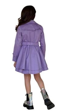 Kız Çocuk Çiçek Desenli Piliseli Lila Trençkotlu Elbise