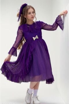 Kız Çocuk Güpür Detaylı Yakası Fırfırlı Puantiyeli Eteği Kabarık Tüllü Mor Abiye