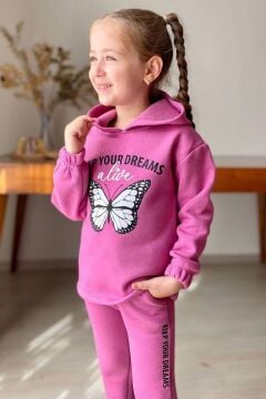 Kız Çocuk Bilekleri ve Paçası Lastikli Kelebek ve Yazı Figürlü Fuşya Eşofman Takım