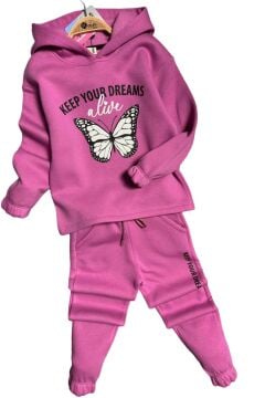Kız Çocuk Bilekleri ve Paçası Lastikli Kelebek ve Yazı Figürlü Fuşya Eşofman Takım