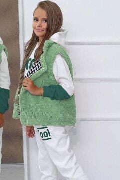 Kız Çocuk Cool Baskılı Kapüşonlu Sweatshirt ve Peluş Yelekli Yeşil Eşofman Takım